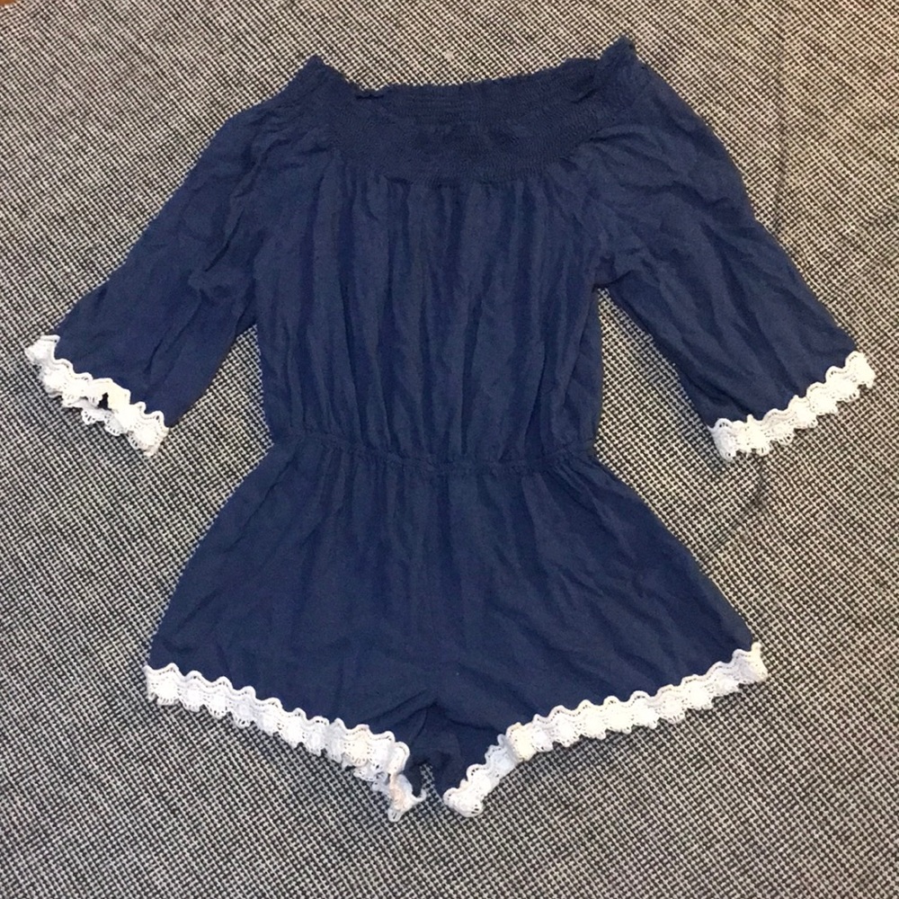 Blue poof off the shoulder romper